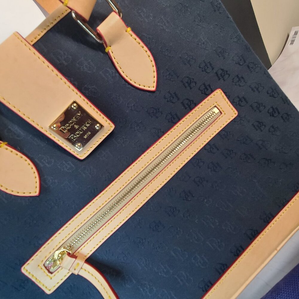 Dooney & Bourke Logo Shoulder Handbag BLACK Canvas Tan Leather Large Tote - Picture 3 of 16